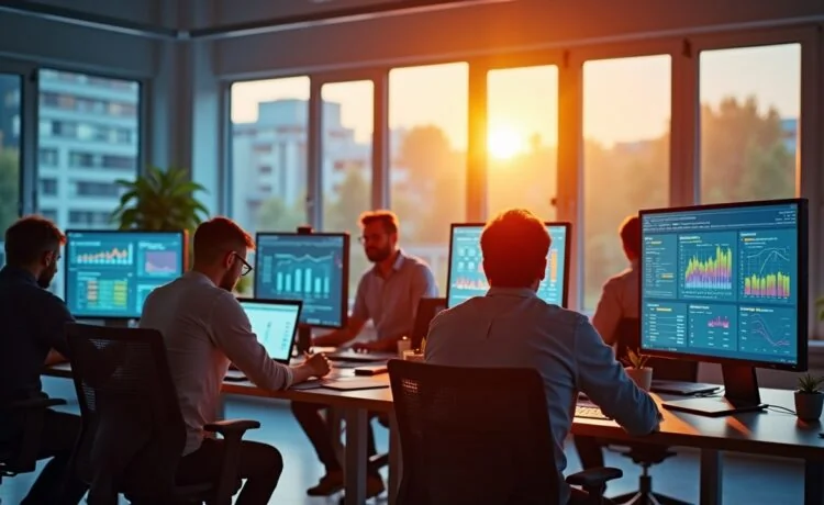 Ein modernes, hell beleuchtetes Büro mit einem dynamisch zusammenarbeitenden Team verschiedener Altersgruppen, das lächelnd und konzentriert vor mehreren Bildschirmen mit komplexen Datenvisualisierungen sitzt, während durch große Fenster warmes Tageslicht hereinströmt und eine Atmosphäre von Fortschritt, Vertrauen und digitaler Transformation schafft.