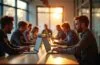 Ein warm erleuchteter, moderner Arbeitsplatz mit einem Team aus motivierten Entwicklern, die konzentriert an Laptops mit klar strukturiertem Code arbeiten, umgeben von natürlichem Tageslicht und einer harmonischen, produktiven Atmosphäre.