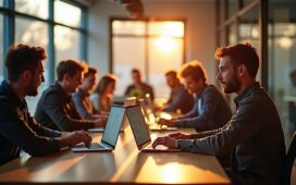 Ein warm erleuchteter, moderner Arbeitsplatz mit einem Team aus motivierten Entwicklern, die konzentriert an Laptops mit klar strukturiertem Code arbeiten, umgeben von natürlichem Tageslicht und einer harmonischen, produktiven Atmosphäre.