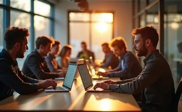 Ein warm erleuchteter, moderner Arbeitsplatz mit einem Team aus motivierten Entwicklern, die konzentriert an Laptops mit klar strukturiertem Code arbeiten, umgeben von natürlichem Tageslicht und einer harmonischen, produktiven Atmosphäre.
