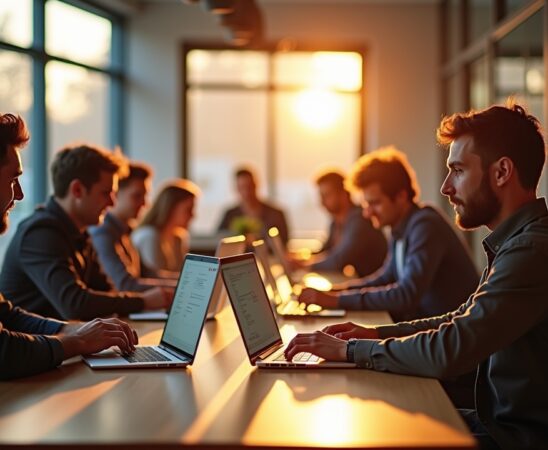 Ein warm erleuchteter, moderner Arbeitsplatz mit einem Team aus motivierten Entwicklern, die konzentriert an Laptops mit klar strukturiertem Code arbeiten, umgeben von natürlichem Tageslicht und einer harmonischen, produktiven Atmosphäre.