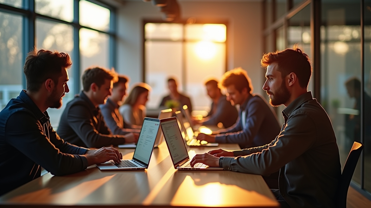 Ein warm erleuchteter, moderner Arbeitsplatz mit einem Team aus motivierten Entwicklern, die konzentriert an Laptops mit klar strukturiertem Code arbeiten, umgeben von natürlichem Tageslicht und einer harmonischen, produktiven Atmosphäre.