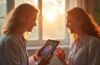 Ein heller, einladender Behandlungsraum mit einem herzlichen Arzt und einer Patientin, die gemeinsam auf einem modernen Tablet die Ergebnisse einer KI-gestützten Herzdiagnose betrachten, während Sonnenlicht sanft durch große Fenster fällt und Wärme im Raum schafft.