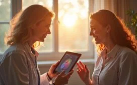 Ein heller, einladender Behandlungsraum mit einem herzlichen Arzt und einer Patientin, die gemeinsam auf einem modernen Tablet die Ergebnisse einer KI-gestützten Herzdiagnose betrachten, während Sonnenlicht sanft durch große Fenster fällt und Wärme im Raum schafft.