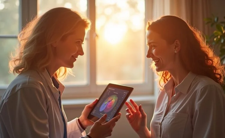 Ein heller, einladender Behandlungsraum mit einem herzlichen Arzt und einer Patientin, die gemeinsam auf einem modernen Tablet die Ergebnisse einer KI-gestützten Herzdiagnose betrachten, während Sonnenlicht sanft durch große Fenster fällt und Wärme im Raum schafft.