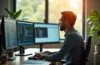 Ein heller, natürlicher Büroarbeitsplatz mit einem konzentrierten IT-Administrator, der vor mehreren Monitoren mit übersichtlichen System-Dashboards sitzt, während sanftes Tageslicht durch große Fenster fällt und eine warme, produktive Atmosphäre schafft.