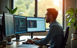 Ein heller, natürlicher Büroarbeitsplatz mit einem konzentrierten IT-Administrator, der vor mehreren Monitoren mit übersichtlichen System-Dashboards sitzt, während sanftes Tageslicht durch große Fenster fällt und eine warme, produktive Atmosphäre schafft.