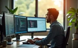 Ein heller, natürlicher Büroarbeitsplatz mit einem konzentrierten IT-Administrator, der vor mehreren Monitoren mit übersichtlichen System-Dashboards sitzt, während sanftes Tageslicht durch große Fenster fällt und eine warme, produktive Atmosphäre schafft.