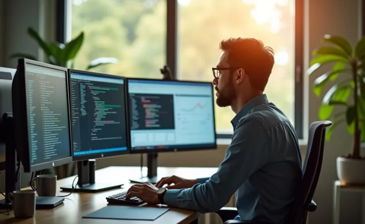 Ein heller, natürlicher Büroarbeitsplatz mit einem konzentrierten IT-Administrator, der vor mehreren Monitoren mit übersichtlichen System-Dashboards sitzt, während sanftes Tageslicht durch große Fenster fällt und eine warme, produktive Atmosphäre schafft.