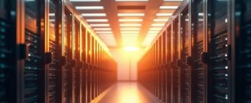 Ein sonnendurchflutetes Rechenzentrum mit modernen Serverracks, in dem ein engagiertes Team konzentriert an innovativen IT-Lösungen arbeitet, während warme Tageslichtstrahlen die Szenerie freundlich und lebendig erscheinen lassen – Sinnbild für zukunftsorientierten Ausbau und verantwortungsvolle Bewältigung der globalen Speicherkrise.