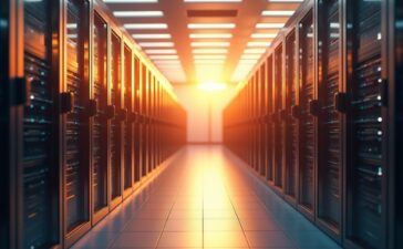 Ein sonnendurchflutetes Rechenzentrum mit modernen Serverracks, in dem ein engagiertes Team konzentriert an innovativen IT-Lösungen arbeitet, während warme Tageslichtstrahlen die Szenerie freundlich und lebendig erscheinen lassen – Sinnbild für zukunftsorientierten Ausbau und verantwortungsvolle Bewältigung der globalen Speicherkrise.