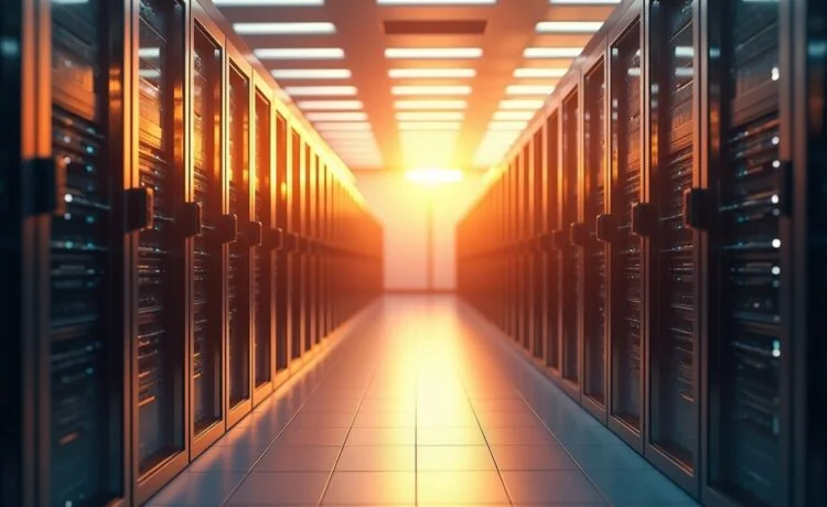 Ein sonnendurchflutetes Rechenzentrum mit modernen Serverracks, in dem ein engagiertes Team konzentriert an innovativen IT-Lösungen arbeitet, während warme Tageslichtstrahlen die Szenerie freundlich und lebendig erscheinen lassen – Sinnbild für zukunftsorientierten Ausbau und verantwortungsvolle Bewältigung der globalen Speicherkrise.