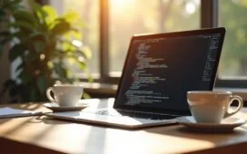 Ein strahlend sonnendurchfluteter Arbeitsplatz mit einem modernen Laptop, auf dessen Bildschirm sauber strukturierter HTML-Code zu sehen ist, umgeben von Notizblättern und einer Tasse warmen Kaffees, die eine produktive, konzentrierte und freundliche Atmosphäre für Webentwickler vermittelt.