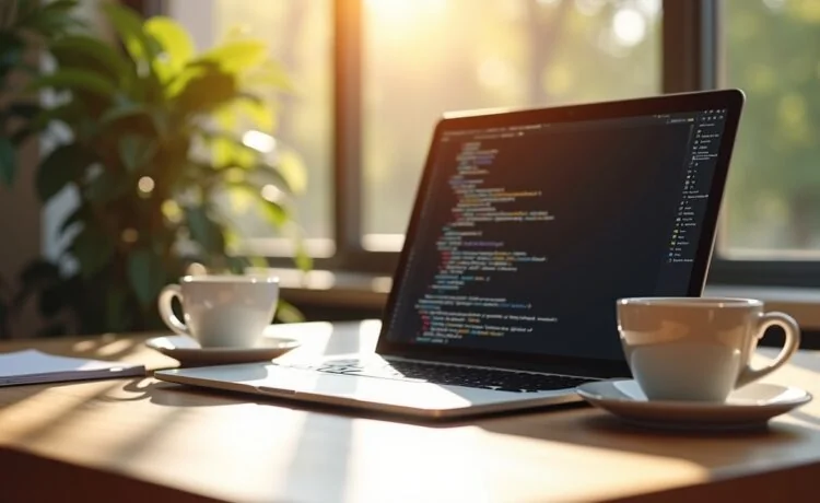 Ein strahlend sonnendurchfluteter Arbeitsplatz mit einem modernen Laptop, auf dessen Bildschirm sauber strukturierter HTML-Code zu sehen ist, umgeben von Notizblättern und einer Tasse warmen Kaffees, die eine produktive, konzentrierte und freundliche Atmosphäre für Webentwickler vermittelt.