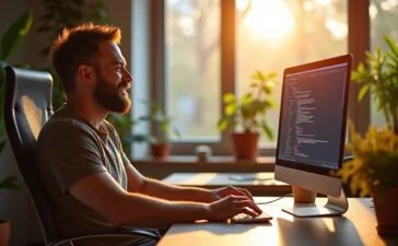 Ein hell erleuchtetes, modernes Entwicklerbüro mit natürlichen Sonnenstrahlen, in dem ein lächelnder Programmierer entspannt vor seinem Bildschirm sitzt und konzentriert an klar strukturiertem Code arbeitet, umgeben von minimalistischer Technik und warmen Holztönen, die eine freundliche und inspirierende Atmosphäre für die innovative, vereinfachte Webentwicklung mit HTMX in Drupal 11.3.0 vermitteln.