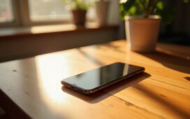 Ein strahlend helles, modern gestaltetes Smartphone liegt entspannt auf einem warm beleuchteten Holztisch, umgeben von subtilen Andeutungen moderner Technik und urbanem Ambiente, das mit natürlichem Tageslicht sanft die zukunftsweisende Innovationskraft und selbstbewusste Resilienz Huaweis einfängt.