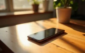 Ein strahlend helles, modern gestaltetes Smartphone liegt entspannt auf einem warm beleuchteten Holztisch, umgeben von subtilen Andeutungen moderner Technik und urbanem Ambiente, das mit natürlichem Tageslicht sanft die zukunftsweisende Innovationskraft und selbstbewusste Resilienz Huaweis einfängt.