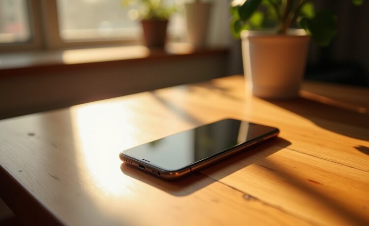 Ein strahlend helles, modern gestaltetes Smartphone liegt entspannt auf einem warm beleuchteten Holztisch, umgeben von subtilen Andeutungen moderner Technik und urbanem Ambiente, das mit natürlichem Tageslicht sanft die zukunftsweisende Innovationskraft und selbstbewusste Resilienz Huaweis einfängt.