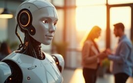 Ein naturnahes, editorial inszeniertes Foto in hellem Tageslicht zeigt einen humanoiden Roboter mit warmem, freundlichem Ausdruck, der in einem modernen, lichtdurchfluteten Büro mit Menschen zusammenarbeitet und dabei durch realistische Details und harmonische Farben Vertrauen und Zukunftsoptimismus ausstrahlt.