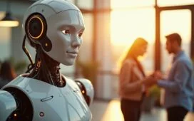 Ein naturnahes, editorial inszeniertes Foto in hellem Tageslicht zeigt einen humanoiden Roboter mit warmem, freundlichem Ausdruck, der in einem modernen, lichtdurchfluteten Büro mit Menschen zusammenarbeitet und dabei durch realistische Details und harmonische Farben Vertrauen und Zukunftsoptimismus ausstrahlt.