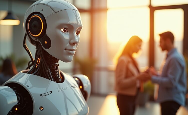 Ein naturnahes, editorial inszeniertes Foto in hellem Tageslicht zeigt einen humanoiden Roboter mit warmem, freundlichem Ausdruck, der in einem modernen, lichtdurchfluteten Büro mit Menschen zusammenarbeitet und dabei durch realistische Details und harmonische Farben Vertrauen und Zukunftsoptimismus ausstrahlt.