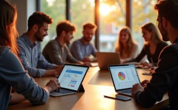 Ein modernes Büro mit einem jungen, motivierten Team, das in hellem Tageslicht um einen großen Konferenztisch versammelt ist, während auf Tablets und Laptops lebhafte Diagramme hybrider ERP-Architekturen zu sehen sind – die warme Atmosphäre spiegelt Innovationsgeist und strategische Zusammenarbeit bei der Umsetzung von SAP S/4 HANA wider.