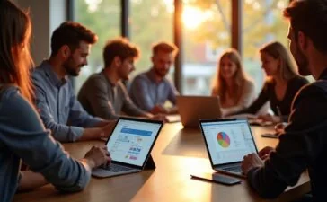 Ein modernes Büro mit einem jungen, motivierten Team, das in hellem Tageslicht um einen großen Konferenztisch versammelt ist, während auf Tablets und Laptops lebhafte Diagramme hybrider ERP-Architekturen zu sehen sind – die warme Atmosphäre spiegelt Innovationsgeist und strategische Zusammenarbeit bei der Umsetzung von SAP S/4 HANA wider.