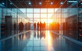 Ein strahlend helles, cineastisch eingefangenes Büro mit modernen Glasfassaden, in dem engagierte Mitarbeiter in warmem Tageslicht dynamisch an digitalen Infrastrukturplänen zwischen futuristischen Server- und Rechenzentrumsmodellen arbeiten.