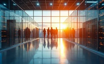 Ein strahlend helles, cineastisch eingefangenes Büro mit modernen Glasfassaden, in dem engagierte Mitarbeiter in warmem Tageslicht dynamisch an digitalen Infrastrukturplänen zwischen futuristischen Server- und Rechenzentrumsmodellen arbeiten.