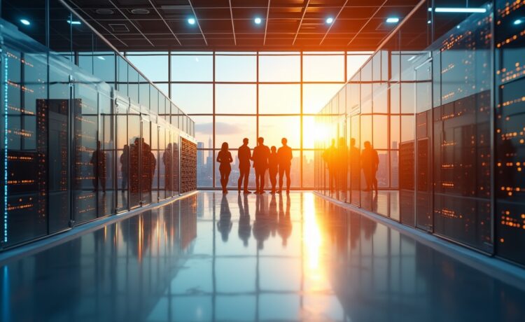 Ein strahlend helles, cineastisch eingefangenes Büro mit modernen Glasfassaden, in dem engagierte Mitarbeiter in warmem Tageslicht dynamisch an digitalen Infrastrukturplänen zwischen futuristischen Server- und Rechenzentrumsmodellen arbeiten.