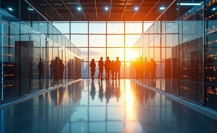 Ein strahlend helles, cineastisch eingefangenes Büro mit modernen Glasfassaden, in dem engagierte Mitarbeiter in warmem Tageslicht dynamisch an digitalen Infrastrukturplänen zwischen futuristischen Server- und Rechenzentrumsmodellen arbeiten.