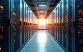 Ein hell erleuchteter, moderner Serverraum mit klaren Linien und warmem Tageslicht, in dem Technikexperten konzentriert an hochmodularen Hyperscale-Serverracks arbeiten und so die dynamische Skalierbarkeit der digitalen Zukunft lebendig verkörpern.