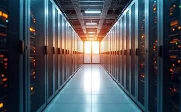 Ein hell erleuchteter, moderner Serverraum mit klaren Linien und warmem Tageslicht, in dem Technikexperten konzentriert an hochmodularen Hyperscale-Serverracks arbeiten und so die dynamische Skalierbarkeit der digitalen Zukunft lebendig verkörpern.