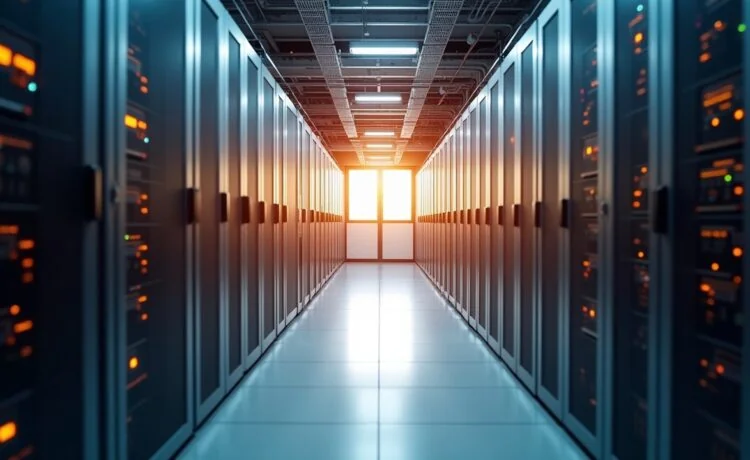 Ein hell erleuchteter, moderner Serverraum mit klaren Linien und warmem Tageslicht, in dem Technikexperten konzentriert an hochmodularen Hyperscale-Serverracks arbeiten und so die dynamische Skalierbarkeit der digitalen Zukunft lebendig verkörpern.