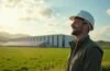 Eine helle, sonnendurchflutete Aufnahme eines modernen Hyperscale-Rechenzentrums in einer grünen, weitläufigen Landschaft, die durch natürliche Materialien, Solarpanels und sanfte Nebelschwaden eine harmonische Verbindung von Hightech und Nachhaltigkeit vermittelt, während im Vordergrund ein Ingenieur mit entspanntem Lächeln die zukunftsweisende Infrastruktur inspiziert.