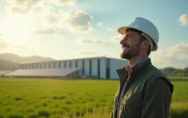 Eine helle, sonnendurchflutete Aufnahme eines modernen Hyperscale-Rechenzentrums in einer grünen, weitläufigen Landschaft, die durch natürliche Materialien, Solarpanels und sanfte Nebelschwaden eine harmonische Verbindung von Hightech und Nachhaltigkeit vermittelt, während im Vordergrund ein Ingenieur mit entspanntem Lächeln die zukunftsweisende Infrastruktur inspiziert.