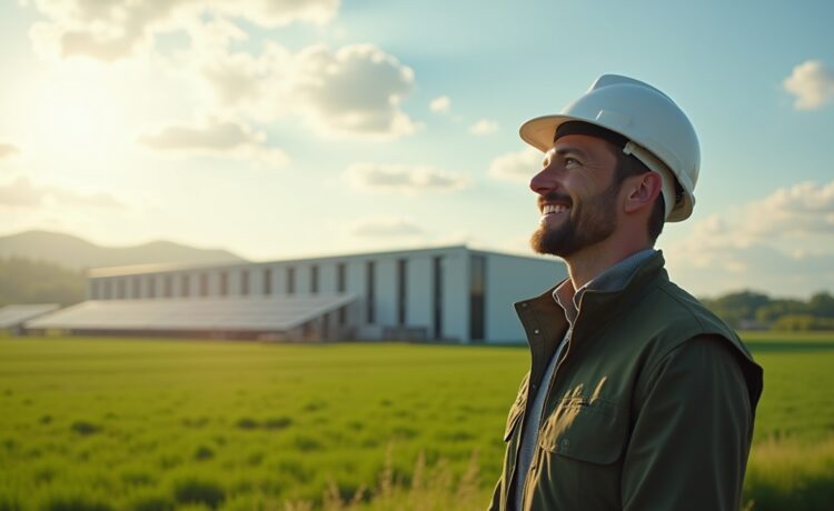 Eine helle, sonnendurchflutete Aufnahme eines modernen Hyperscale-Rechenzentrums in einer grünen, weitläufigen Landschaft, die durch natürliche Materialien, Solarpanels und sanfte Nebelschwaden eine harmonische Verbindung von Hightech und Nachhaltigkeit vermittelt, während im Vordergrund ein Ingenieur mit entspanntem Lächeln die zukunftsweisende Infrastruktur inspiziert.