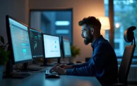 In einem hell erleuchteten, modernen Büro sitzende IT-Sicherheitsprofis konzentrieren sich angespannt auf Monitore, während natürliches Tageslicht eine warme, vertrauensvolle Atmosphäre schafft und die Bedeutung von Netzwerk-Updates und Schutzmaßnahmen eindrucksvoll unterstreicht.