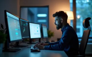 In einem hell erleuchteten, modernen Büro sitzende IT-Sicherheitsprofis konzentrieren sich angespannt auf Monitore, während natürliches Tageslicht eine warme, vertrauensvolle Atmosphäre schafft und die Bedeutung von Netzwerk-Updates und Schutzmaßnahmen eindrucksvoll unterstreicht.