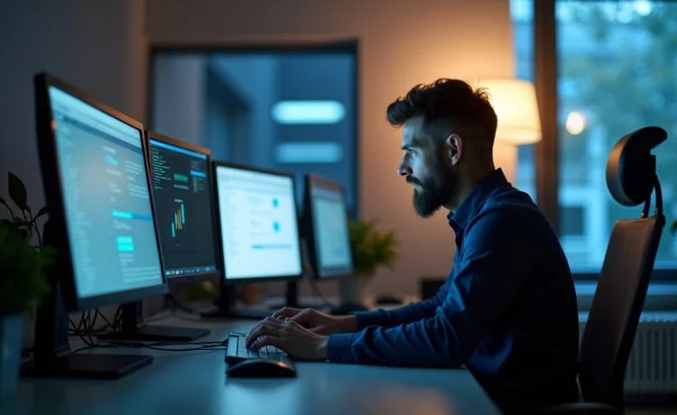 In einem hell erleuchteten, modernen Büro sitzende IT-Sicherheitsprofis konzentrieren sich angespannt auf Monitore, während natürliches Tageslicht eine warme, vertrauensvolle Atmosphäre schafft und die Bedeutung von Netzwerk-Updates und Schutzmaßnahmen eindrucksvoll unterstreicht.
