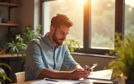 Ein sonnendurchfluteter, moderner Arbeitsplatz mit einem jungen Menschen, der entspannt und nachdenklich auf sein Smartphone blickt, umgeben von warmen Holztönen und lebendigen Pflanzen in leichter Unschärfe, vermittelt die Ambivalenz digitaler Fan-Kommunikation zwischen Hoffnung und Vorsicht.