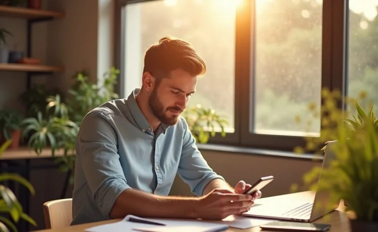 Ein sonnendurchfluteter, moderner Arbeitsplatz mit einem jungen Menschen, der entspannt und nachdenklich auf sein Smartphone blickt, umgeben von warmen Holztönen und lebendigen Pflanzen in leichter Unschärfe, vermittelt die Ambivalenz digitaler Fan-Kommunikation zwischen Hoffnung und Vorsicht.