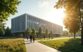 Ein strahlend sonnendurchflutetes Bild des modernen, architektonisch markanten Neubaus des HLRS III auf dem Campus Stuttgart-Vaihingen, umgeben von grünen Bäumen und freundlichen Forschern in lebhafter Diskussion, das mit warmer, natürlicher Lichtstimmung die zukunftsweisende Symbiose aus Hightech-Innovation, Nachhaltigkeit und wissenschaftlicher Gemeinschaft eindrucksvoll einfängt.