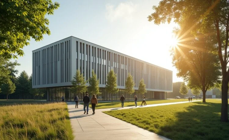 Ein strahlend sonnendurchflutetes Bild des modernen, architektonisch markanten Neubaus des HLRS III auf dem Campus Stuttgart-Vaihingen, umgeben von grünen Bäumen und freundlichen Forschern in lebhafter Diskussion, das mit warmer, natürlicher Lichtstimmung die zukunftsweisende Symbiose aus Hightech-Innovation, Nachhaltigkeit und wissenschaftlicher Gemeinschaft eindrucksvoll einfängt.