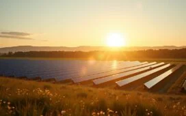 Ein sonnendurchfluteter Solarpark in weiter Landschaft, im Vordergrund modern gestaltete, glänzende Energiespeicher in harmonischer Anordnung, die gemeinsam mit der strahlenden Sonne warme Hoffnung auf eine nachhaltige und technologisch fortschrittliche Zukunft ausstrahlen.