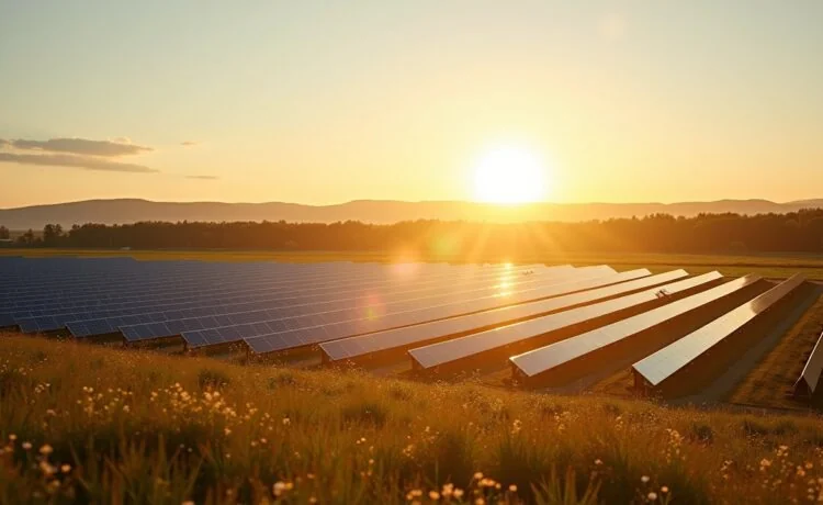 Ein sonnendurchfluteter Solarpark in weiter Landschaft, im Vordergrund modern gestaltete, glänzende Energiespeicher in harmonischer Anordnung, die gemeinsam mit der strahlenden Sonne warme Hoffnung auf eine nachhaltige und technologisch fortschrittliche Zukunft ausstrahlen.