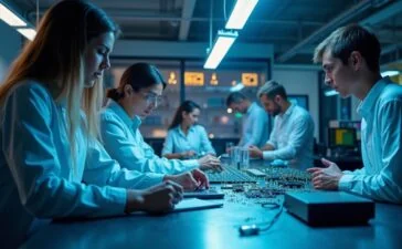 Ein lichtdurchflutetes, modernes Labor- oder Büroambiente mit fokussierten Ingenieuren und Entwicklerteams, die in harmonischer Zusammenarbeit an hochmodernen Chip-Designs und Halbleiter-Technologien tüfteln, dabei umgeben von fein gearbeiteten Elektronikkomponenten und präzisen Maschinen, die den spannenden Innovationswettlauf zwischen europäischen Giganten und amerikanischen Start-ups atmosphärisch einfangen.