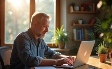 Ein heller, einladender Arbeitsplatz mit einem entspannten Entwickler mittleren Alters, der natürliches Tageslicht nutzt, während er konzentriert und zuversichtlich an einem modernen Laptop Code schreibt – warme Holztöne und sanfte Schatten vermitteln eine freundliche Atmosphäre des digitalen Wandels und neuer Möglichkeiten.