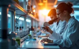 Ein sonnendurchflutetes, modern eingerichtetes Hightech-Labor mit fokussierten Ingenieuren, die konzentriert an mikroskopisch kleinen Chipstrukturen arbeiten, eingefangen in lebendigen Farben und warmem Tageslicht, das Hoffnung und Innovation ausstrahlt.