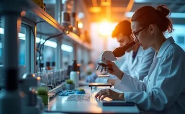 Ein sonnendurchflutetes, modern eingerichtetes Hightech-Labor mit fokussierten Ingenieuren, die konzentriert an mikroskopisch kleinen Chipstrukturen arbeiten, eingefangen in lebendigen Farben und warmem Tageslicht, das Hoffnung und Innovation ausstrahlt.